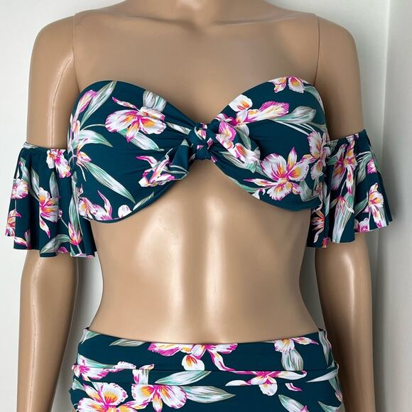 New Boutique Floral Print Emerald Green Off Shoulder Bikini Set - Picture 5 of 13